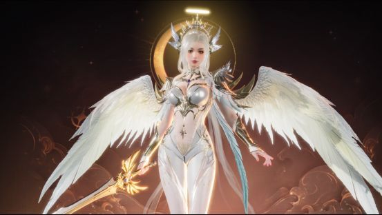 穹芒圣音角色展示，身着银白色铠甲，背后展开巨大光翼，手持光剑，背景为破晓天空，充满神圣感