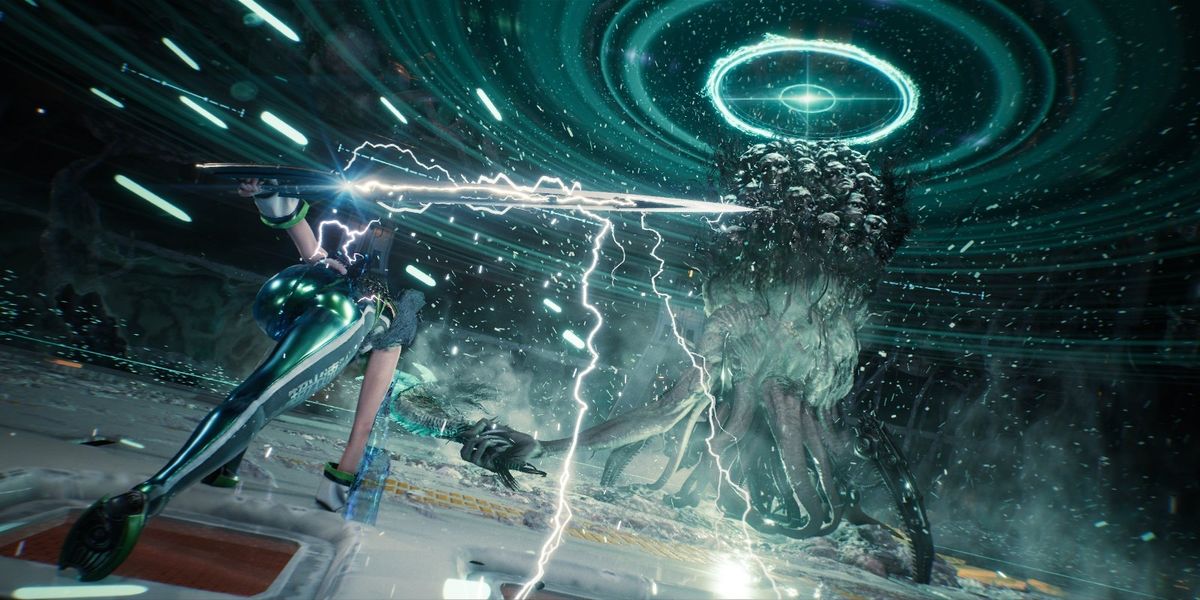 百合在月光下站立于高塔边缘，长发随风飘扬，身穿高科技战甲，氛围神秘而冷峻