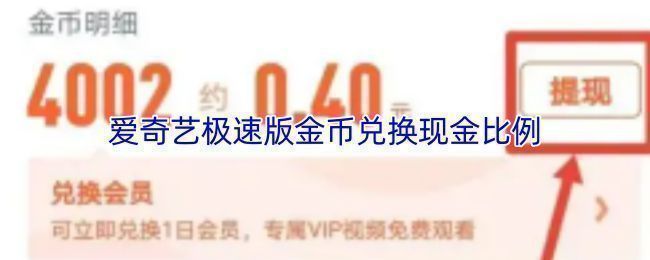 爱奇艺极速版金币兑换现金说明界面，显示10000金币兑换1元现金的规则