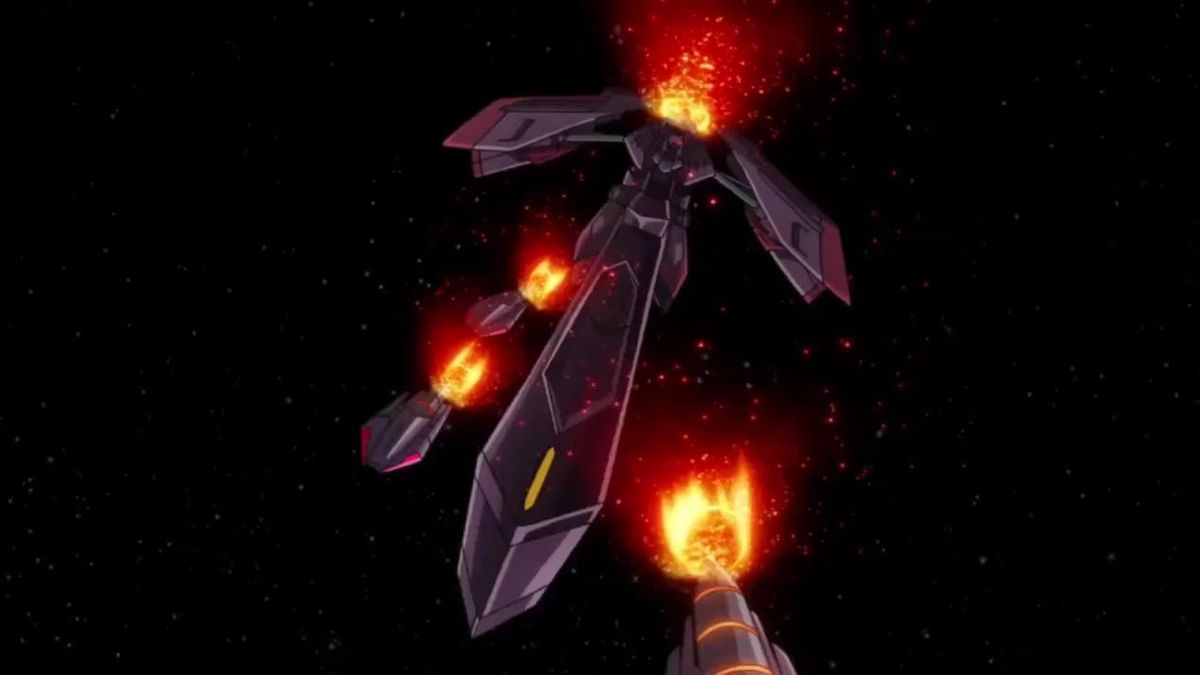 加迪拉萨释放GN獠牙的战斗画面，大量浮游刃环绕机体周围，形成密集攻击阵列