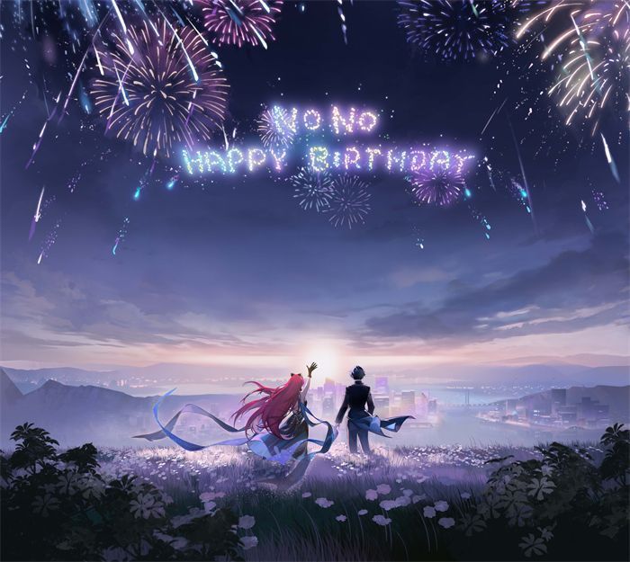 游戏中‘Show me the flowers’场景，路明非站在烟花下仰望，诺诺背对镜头，烟花照亮夜空