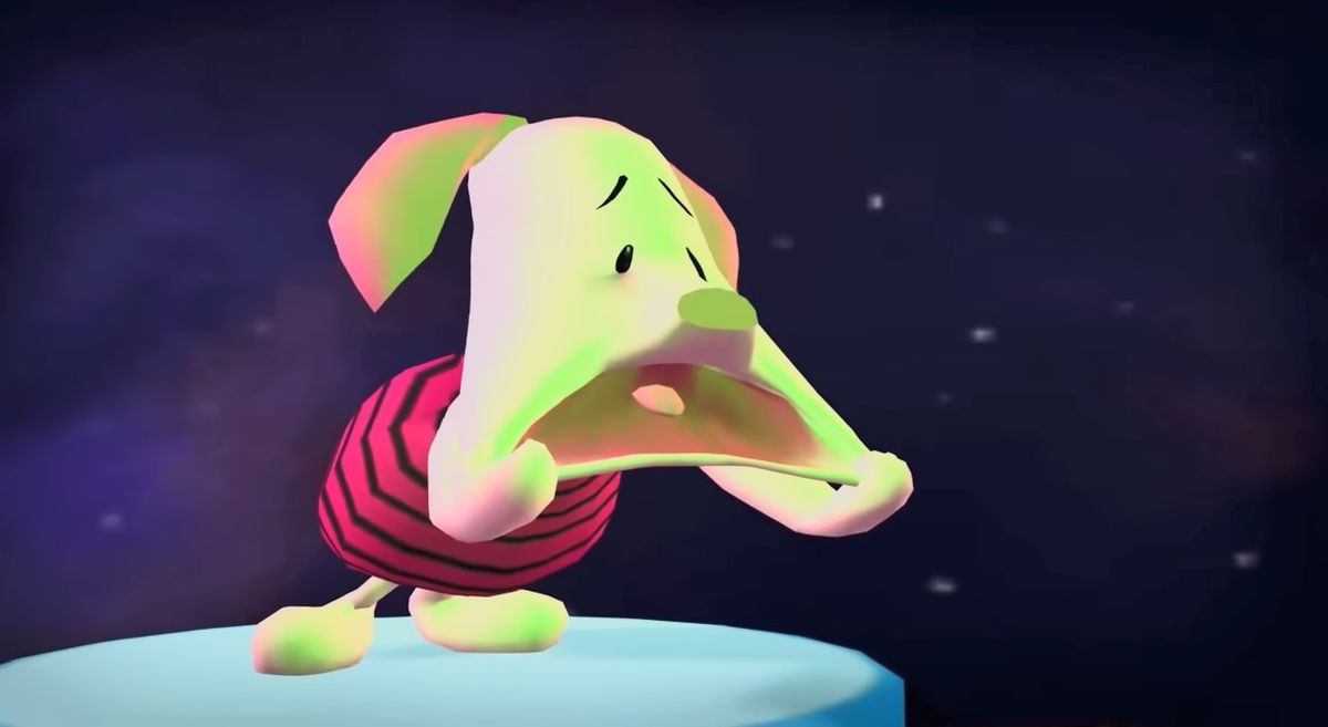 游戏中皮杰在昏暗森林中探索的画面，背景模糊不清，远处有模糊人影伫立，整体构图充满压迫感