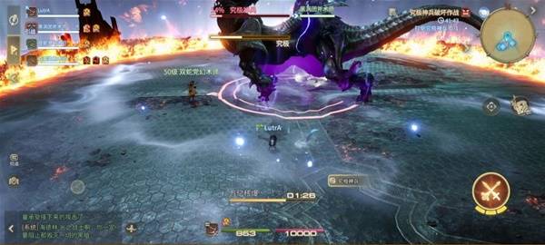 全队释放三段极限技，多重华丽特效叠加轰击BOSS，画面震撼