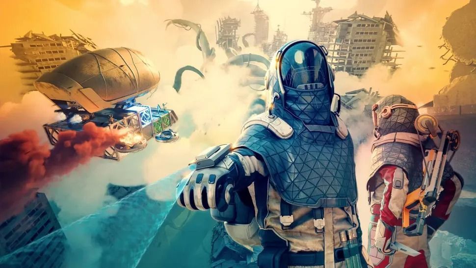 《永恒天空》游戏画面展示破败城市上空飞行的飞艇，地面被灰黄色尘埃覆盖，天空呈现暗橙色调，充满末世氛围