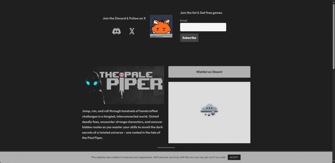 Free Time Dev官网页面截图，页面展示《The Pale Piper》的游戏标题与宣传图，界面简洁，突出独立游戏风格