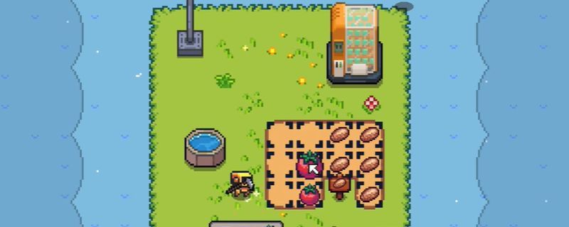 《海岛机器人农场》游戏主界面展示，画面中机器人正在绿意盎然的海岛上进行耕作，背景是蓝天白云与椰子树