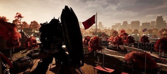 吉恩军扎古机体在战场上冲锋，炮火照亮夜空