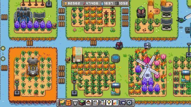 多种植物整齐排列在农场中，包括番茄、胡萝卜和向日葵，展现出丰富的种植种类