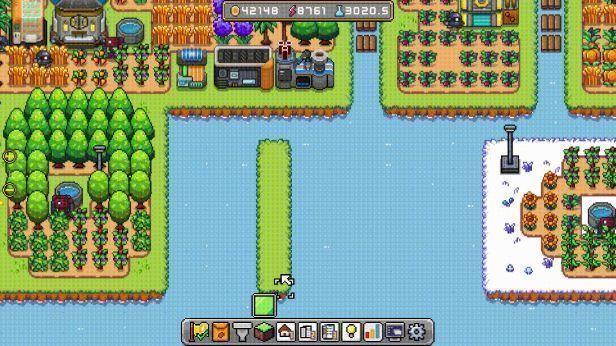 俯瞰视角下的完整岛屿布局，道路连接各个功能区，机器人穿梭其间