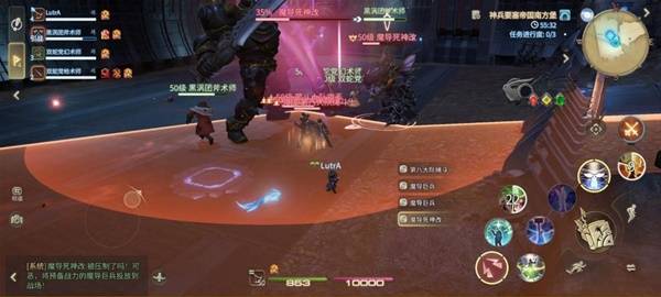 多名敌人同时在场，团队成员分头作战，部分角色正在围攻BOSS