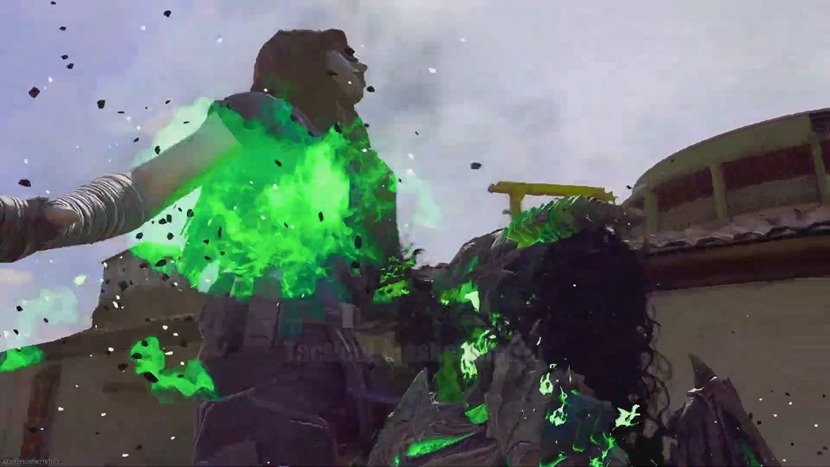 多名玩家在多人对战地图中使用不同主题皮肤，画面中出现发光武器轨迹与夸张角色造型