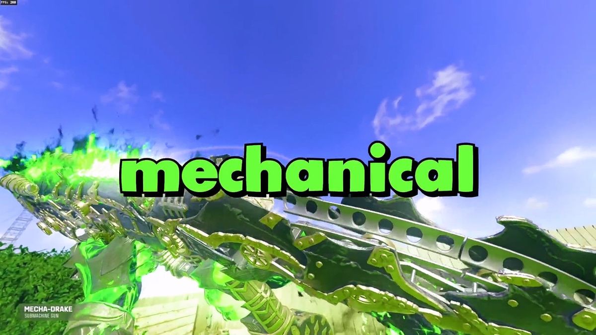 一名玩家使用鲨鱼主题干员皮肤，头戴机械鲨鱼头盔，手持蓝色能量步枪