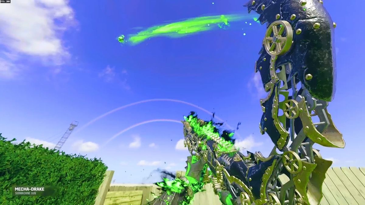 两名玩家在雪地地图对战，其中一人使用发光皮肤导致视觉干扰