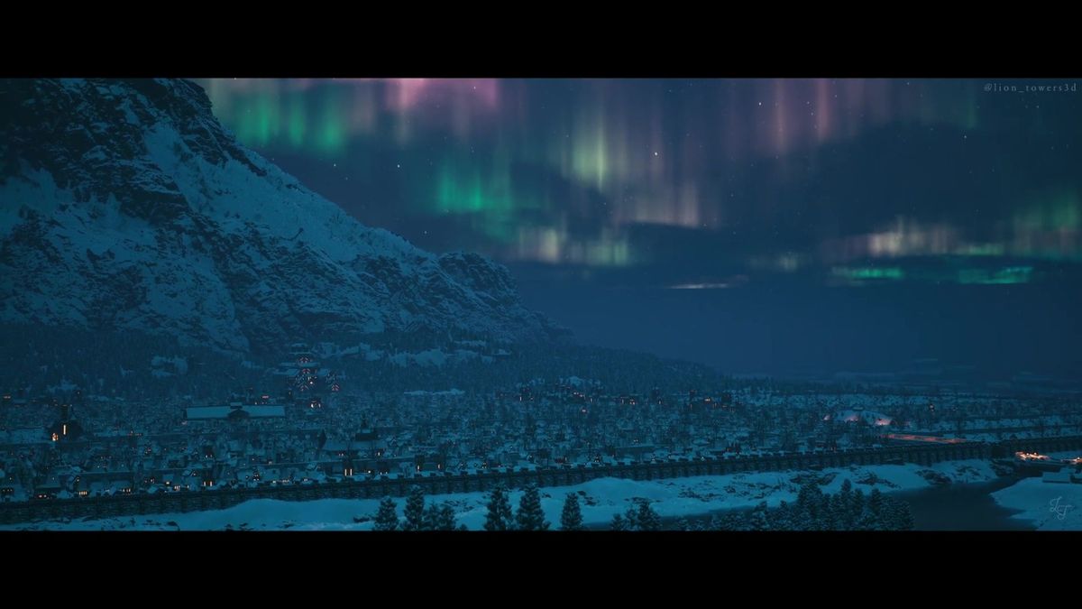 远景全景图，城市依山而建，背景为雪山与极光，氛围感拉满