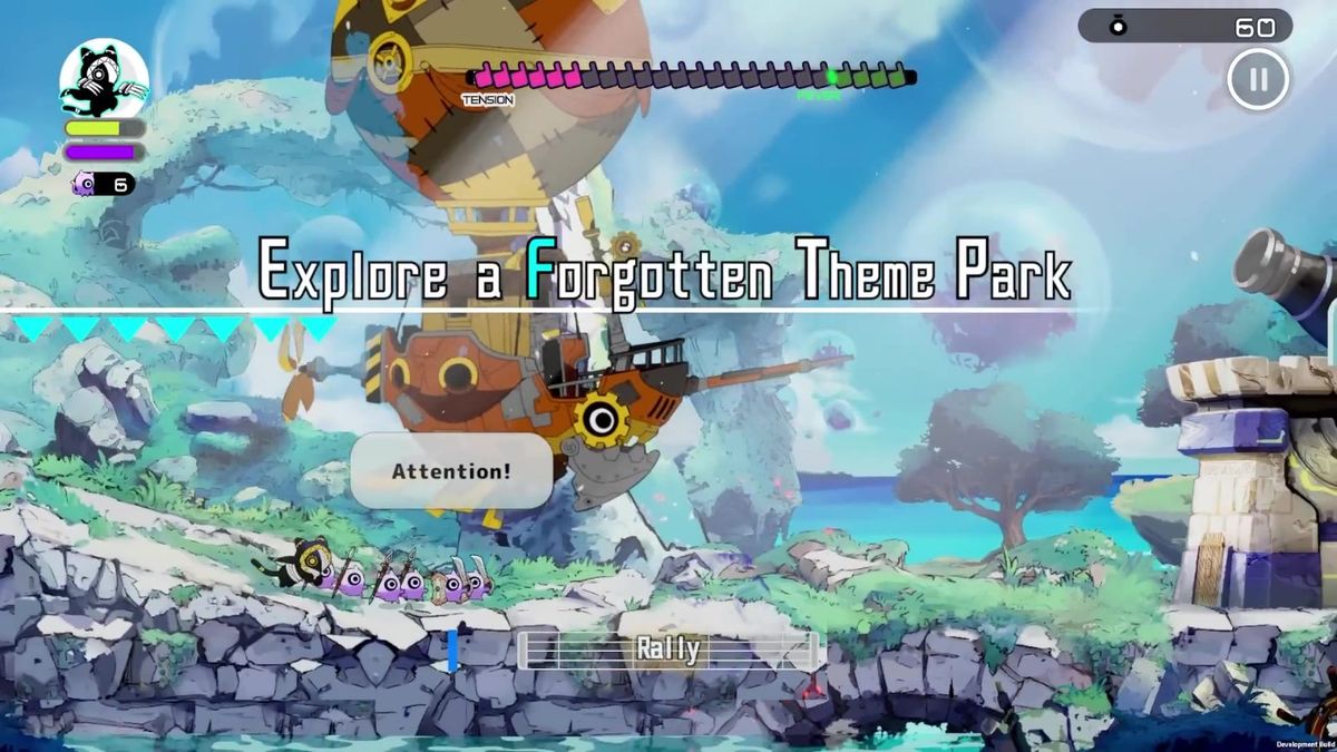 《Ratatan》战斗场景截图，角色在彩色音浪中跳跃攻击，敌人被节奏光波击飞