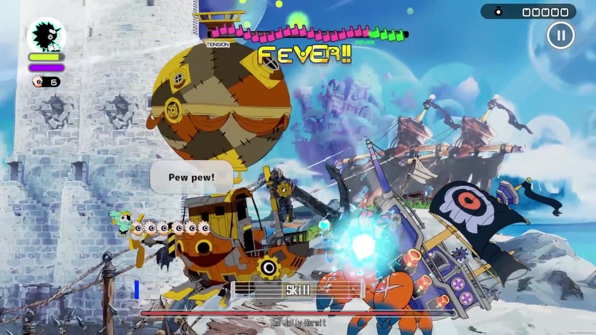 角色技能释放瞬间，魔法乐器发光，音符化作攻击波席卷战场