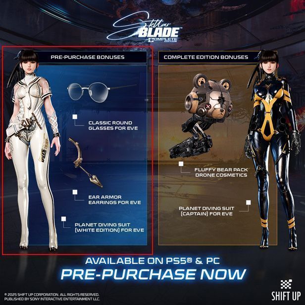 三款预购奖励物品展示图：白色空降服、圆框眼镜、护耳耳饰，呈横向排列，背景为游戏LOGO