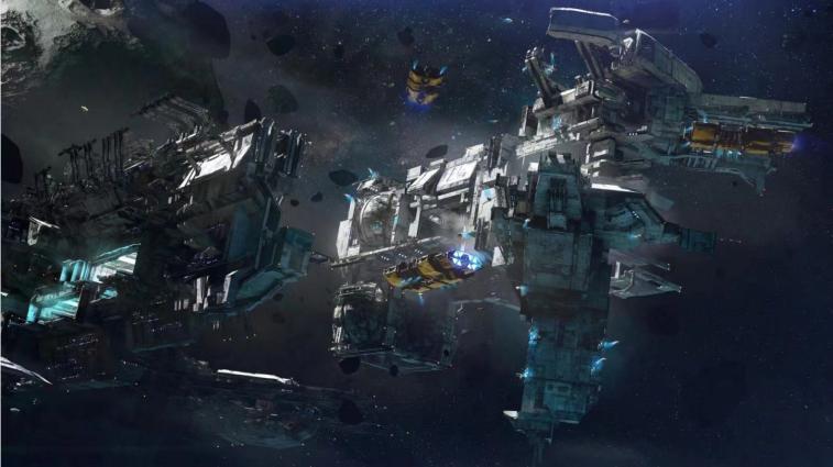 花园星改造完成后概念图，星球表面绿意初现，轨道上三座太空电梯巍然耸立，飞船穿梭其间