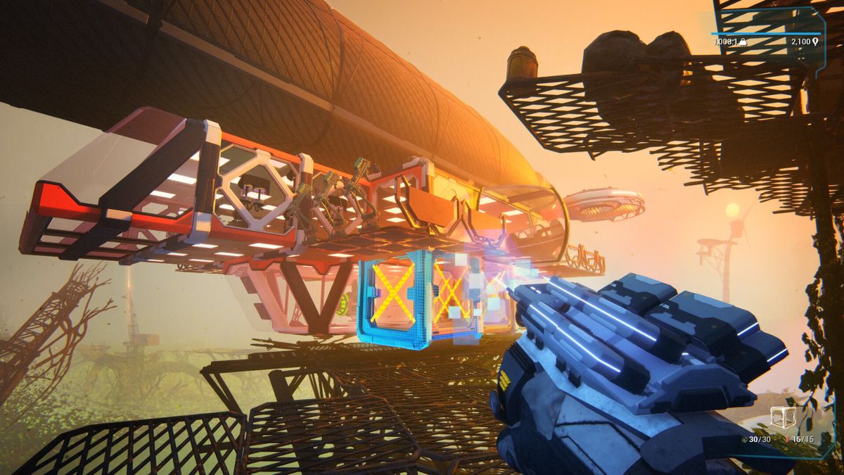 飞行平台停靠在一座高塔顶端，主角正在部署采集装置，远处雷暴翻滚