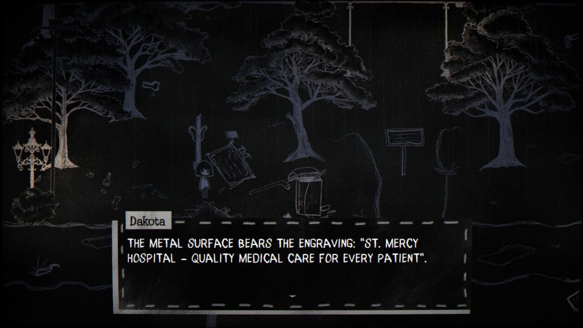 主角手持手电筒在布满涂鸦的病房中探索，墙上写满‘不要相信他’等字样，气氛诡异