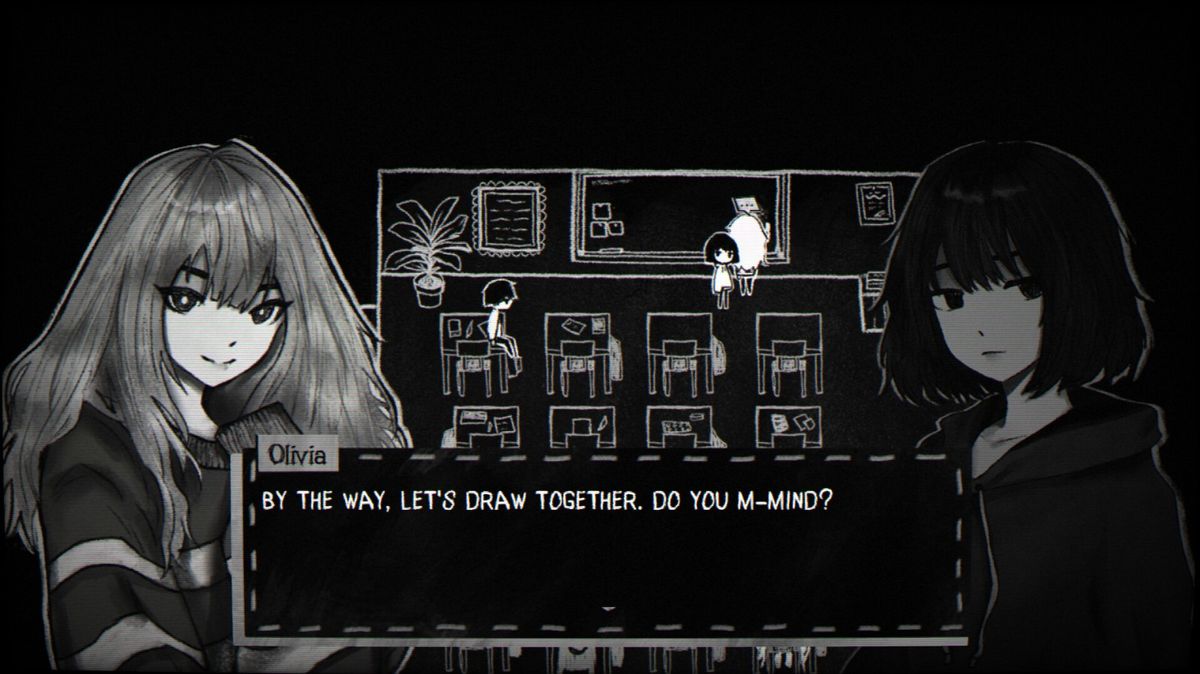 昏暗走廊中，一个模糊人影站在尽头，主角背对镜头，手电光束微弱地照亮前方