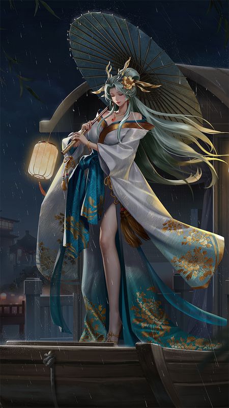 龙女新皮肤「雨师」展示图，身着青蓝色长裙，撑伞立于小舟之上，背景为朦胧夜雨江景，意境悠远