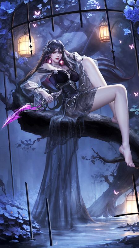 SP夜莺角色展示图，身披黑色羽翼战衣，眼神锐利，背后浮现牢笼虚影，整体气质冷峻而强大