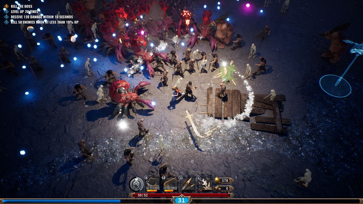 《Achilles: Survivor》游戏画面展示角色在密集弹幕中穿梭，周围敌人如潮水般涌来，建筑设施正在自动攻击