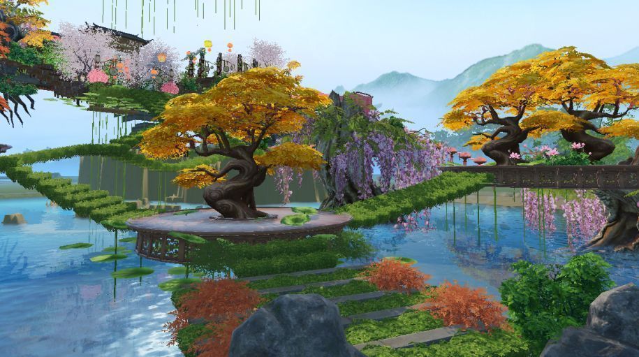 家园入口处的紫藤花凉亭，少侠坐在其中远眺浮岛，花瓣飘落，画面唯美静谧