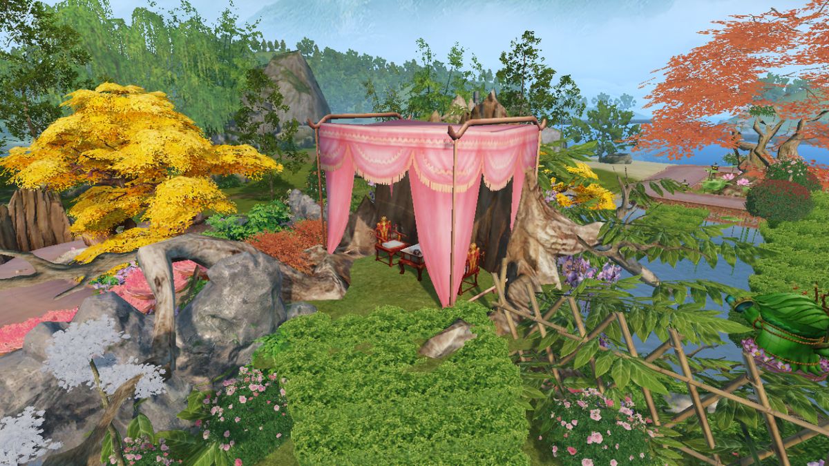 浮岛上盛开的白樱树与环形花架构成梦幻庭院，草坪平整，落英缤纷，充满童话气息