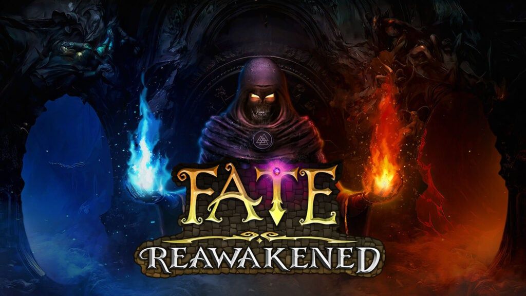 《FATE: Reawakened》游戏封面图，展示主角手持武器站立于神秘地下城入口，背景光影奇幻，充满冒险氛围