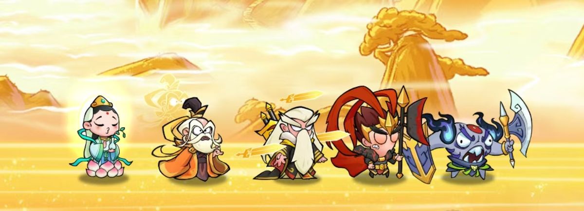 吕布骑赤兔马冲锋，刑天挥斧，三位仙尊在后方凝聚法阵，整体视觉冲击力极强