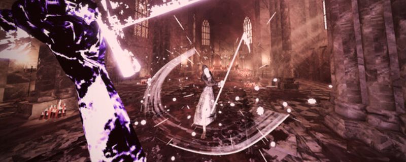 《虚空降生》游戏实机画面截图，展示未来科技感十足的竞技场场景，角色手持能量武器在光影交错的环境中激烈交火