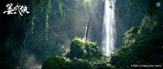 《墨武侠》游戏内场景截图，展示精致的古风建筑与动态天气效果，角色站立于桥头远眺群山