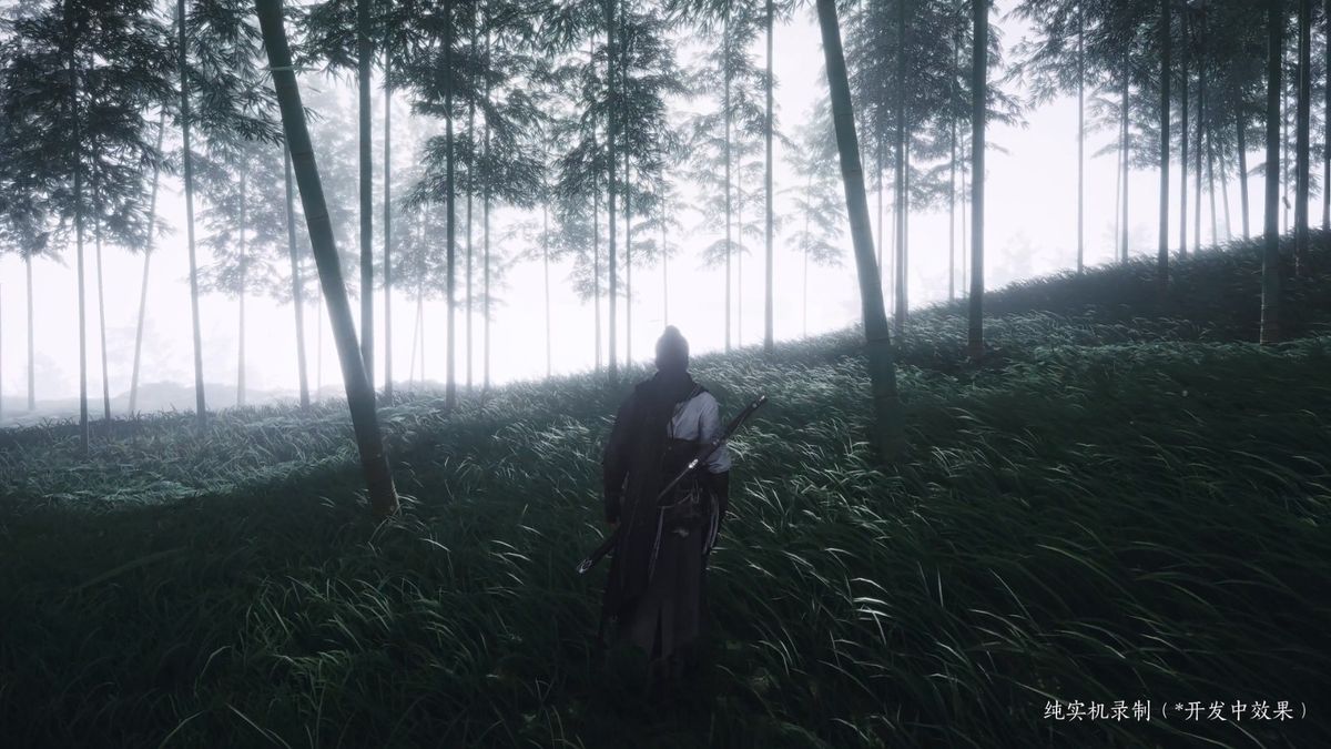角色在竹林中施展轻功，身法飘逸，背景光影斑驳，极具东方美学意境