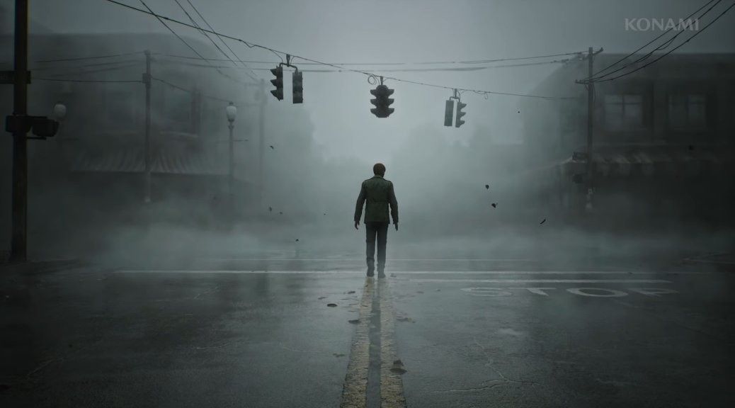 《寂静岭2：重制版》VR Mod游戏画面，主角手持武器在浓雾弥漫的街道中前行，周围环境阴森压抑