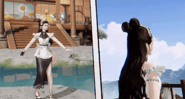 角色佩戴动态发饰，转身时发啾随动，展现动态骨骼技术效果