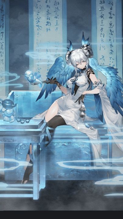 玄武执明换装「闲谈轶事」展示图，身穿淡雅茶会服饰，手持玉杯，背景为庭院竹林与飘落花瓣