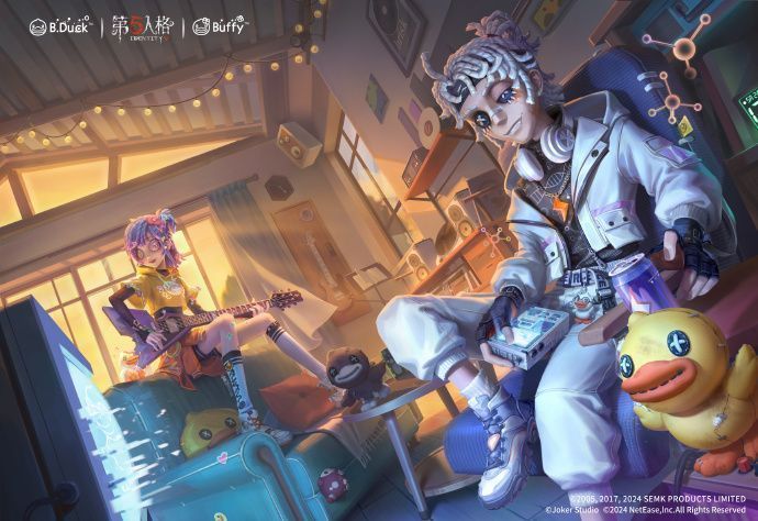 《第五人格》× B.Duck小黄鸭联动宣传图，角色与小黄鸭形象同框，画面充满童趣与潮流感