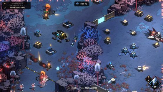 玩家正在界面中规划基地布局，屏幕上显示资源采集站、科研设施与防御塔的部署方案