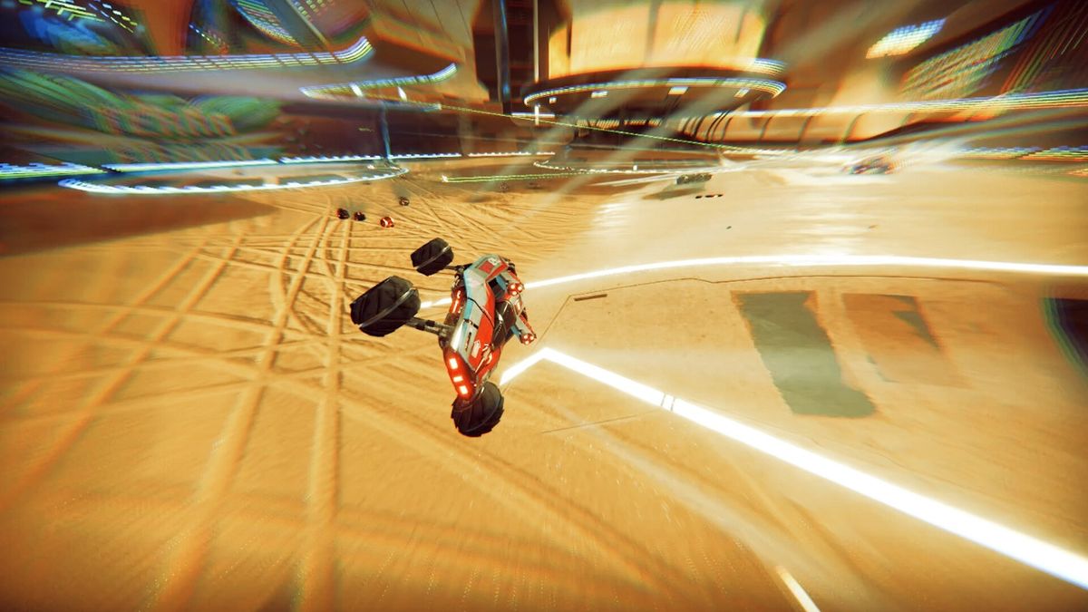 多人混战场景，多辆不同风格的悬浮车在空中交错射击