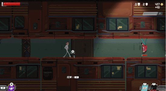 动态战斗画面，主角用手提包格挡子弹后翻滚反击，动作流畅且富有节奏感