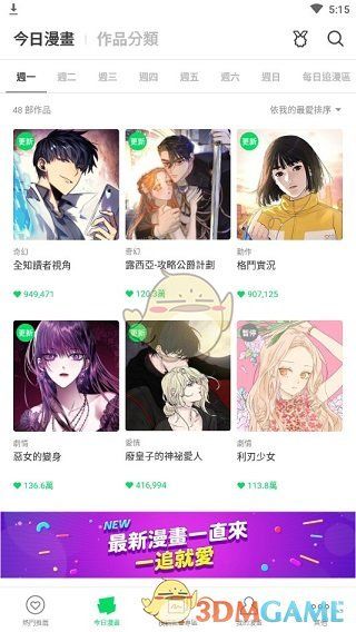 今日更新栏目页面，列出最新上线的漫画章节列表