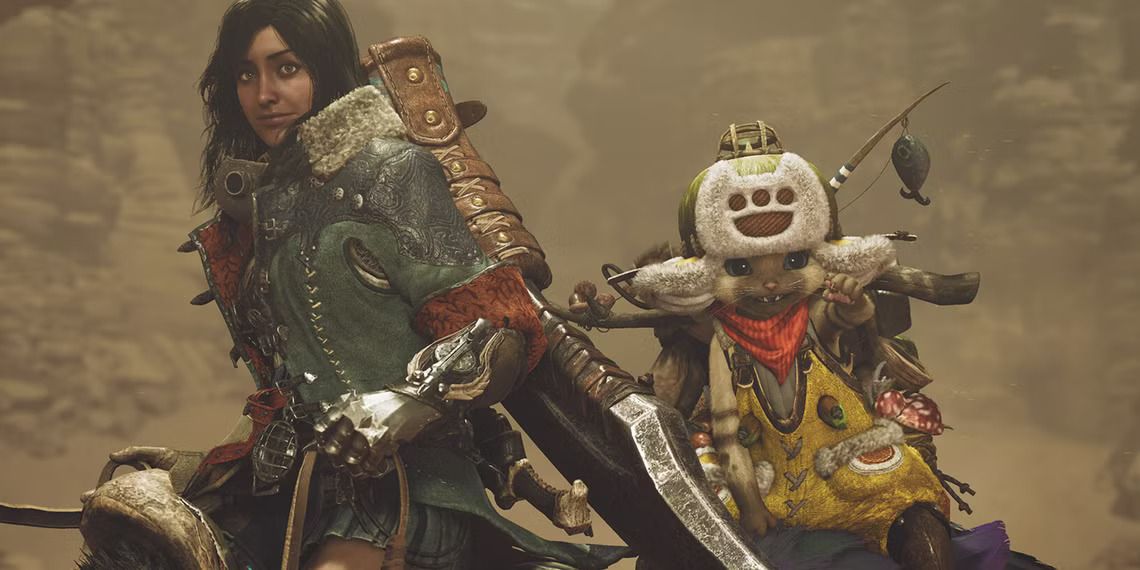 《怪物猎人：荒野》测试画面，猎人正在与巨型怪物激烈交战，场景充满动态光影与环境破坏特效