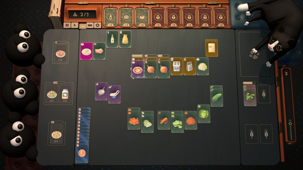 游戏内订单界面展示，左侧为谜语式点单内容，右侧为卡牌操作区，背景是猫咪厨师背影