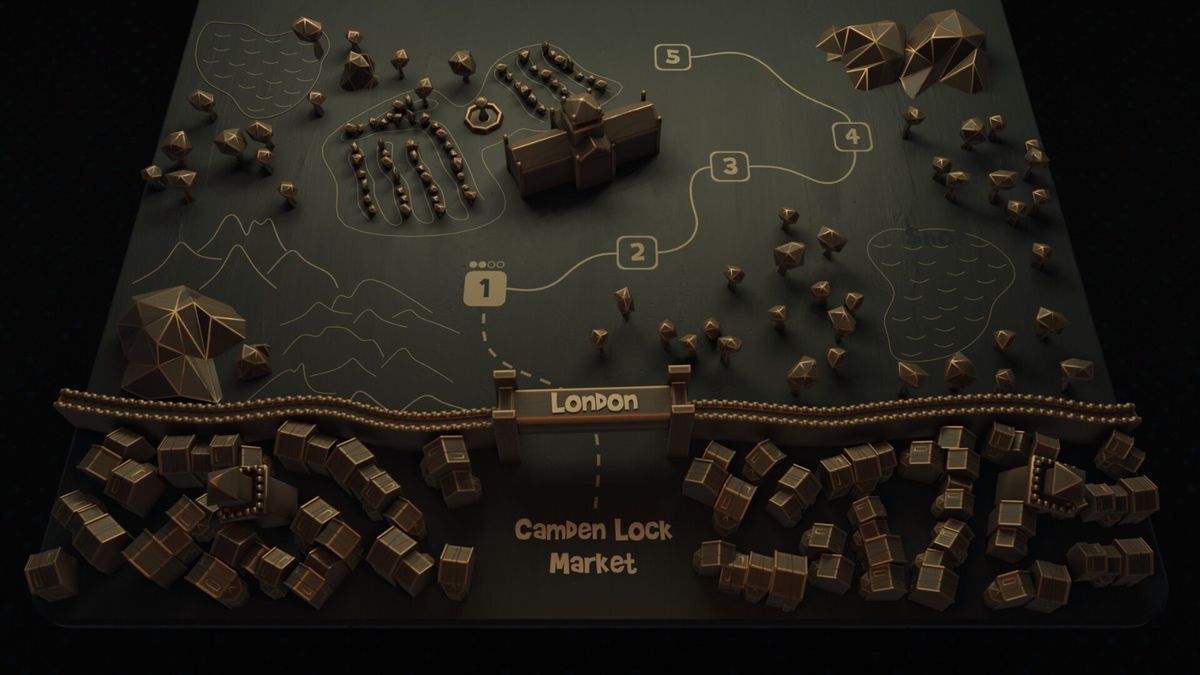 厨房场景全景，多个卡牌悬浮空中，猫咪正用尾巴操控炉火