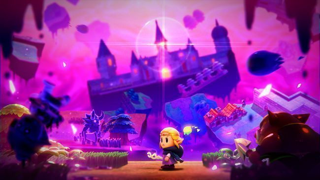 《塞尔达传说：智慧的再现》游戏封面，林克与塞尔达并肩站立，背景是浮空城堡与璀璨光芒