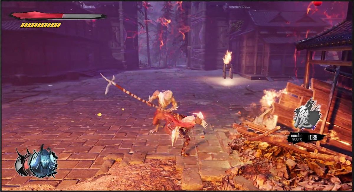 游戏世界观设定图，展示废土城市与两大阵营对峙的宏大场景，天空呈现暗红色调