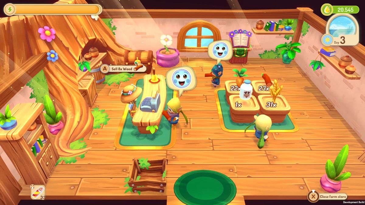 玩家角色在海边种植花卉，远处是停靠的小船和日落余晖