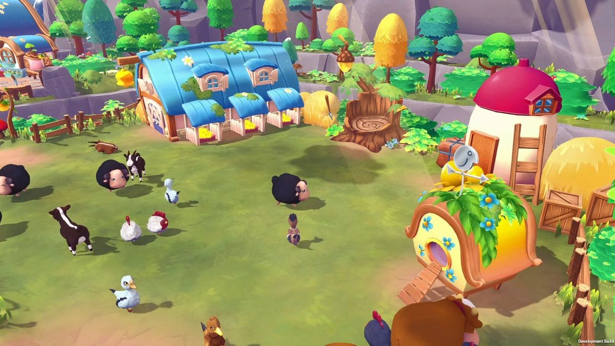 节日装饰中的小镇广场，彩旗飘扬，村民们围在一起跳舞庆祝